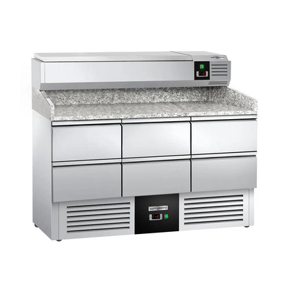 GGM Gastro Commercial Pizza Prep Counter - Granite Top PREMIUM - 1400x700mm - with 0 doors & 6 drawers 1/2 - incl. refrigerated topping unit - 6x GN 1/4