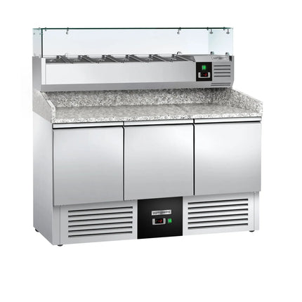 GGM Gastro Commercial Pizza Prep Counter - Granite Top PREMIUM - 1400x700mm - with 3 doors - incl. refrigerated topping unit with glass sneeze guard - 6x GN 1/4