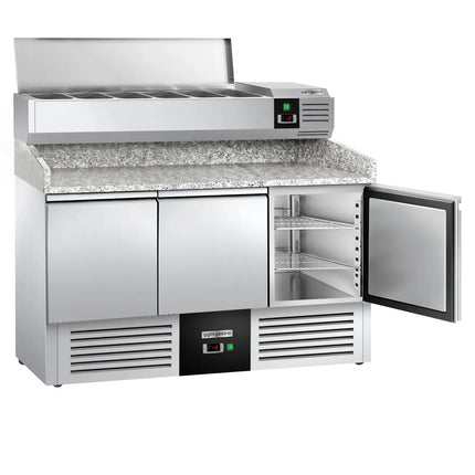 GGM Gastro Commercial Pizza Prep Counter - Granite Top PREMIUM - 1400x700mm - with 3 doors - incl. refrigerated topping unit - 6x GN 1/4