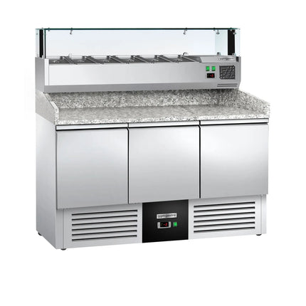 GGM Gastro Commercial Pizza Prep Counter - Granite Top PREMIUM - 1400x700mm - with 3 doors - incl. refrigerated topping unit with glass sneeze guard LED - 6x GN 1/4