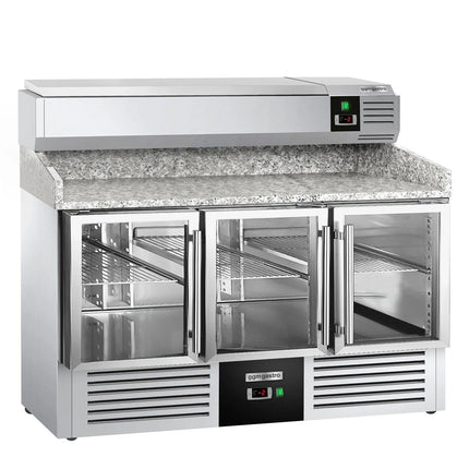 GGM Gastro Commercial Pizza Prep Counter - Granite Top PREMIUM - 1400x700mm - with 3 glass doors - incl. refrigerated topping unit - 6x GN 1/4