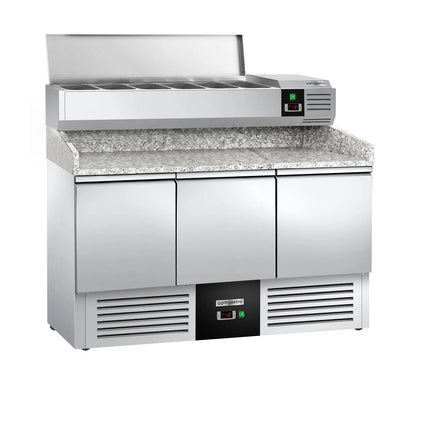GGM Gastro Commercial Pizza Prep Counter - Granite Top PREMIUM - 1400x700mm - with 3 doors - incl. refrigerated topping unit - 6x GN 1/4