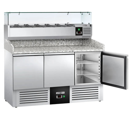 GGM Gastro Commercial Pizza Prep Counter - Granite Top PREMIUM - 1400x700mm - with 3 doors - incl. refrigerated topping unit with glass sneeze guard - 6x GN 1/4