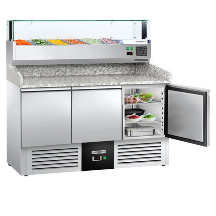 GGM Gastro Commercial Pizza Prep Counter - Granite Top PREMIUM - 1400x700mm - with 3 doors - incl. refrigerated topping unit with glass sneeze guard LED - 6x GN 1/4