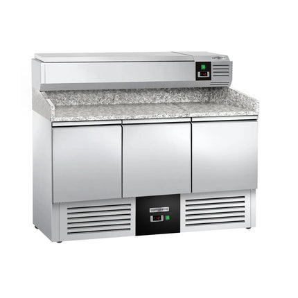 GGM Gastro Commercial Pizza Prep Counter - Granite Top PREMIUM - 1400x700mm - with 3 doors - incl. refrigerated topping unit - 6x GN 1/4