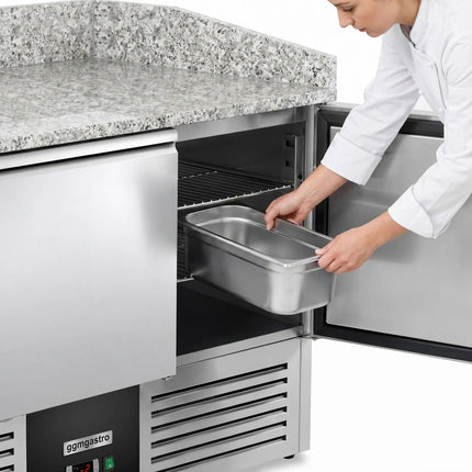 GGM Gastro Commercial Pizza Prep Counter - Granite Top PREMIUM - 1400x700mm - with 3 doors - incl. refrigerated topping unit - 6x GN 1/4