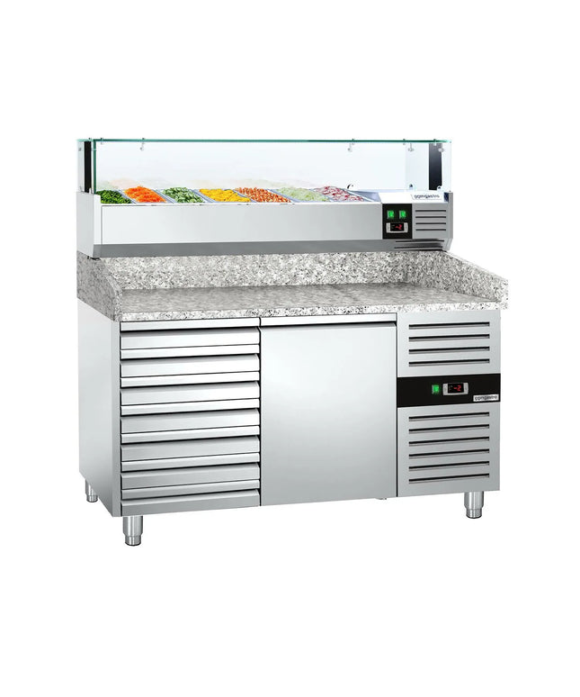 GGM Gastro Commercial Pizza Prep Counter - Granite Top PREMIUM - 1500x800mm - with 1 doors & 7 drawers - incl. refrigerated topping unit with glass sneeze guard LED - 7x GN 1/4