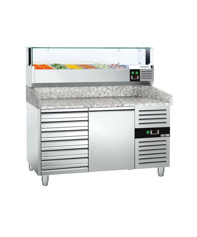 GGM Gastro Commercial Pizza Prep Counter - Granite Top PREMIUM - 1500x800mm - with 1 doors & 7 drawers - incl. refrigerated topping unit with glass sneeze guard LED - 5x GN 1/3 + 1x GN 1/2