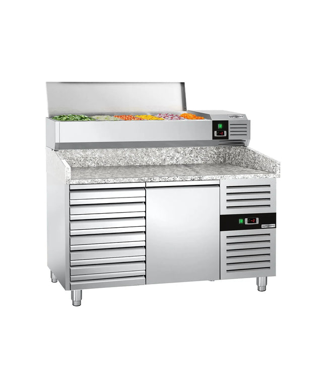 GGM Gastro Commercial Pizza Prep Counter - Granite Top PREMIUM - 1500x800mm - with 1 doors & 7 drawers - incl. refrigerated topping unit - 7x GN 1/4