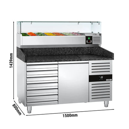 GGM Gastro Commercial Pizza Prep Counter - Granite Top PREMIUM - 1500x800mm - with 1 doors & 7 drawers - incl. refrigerated topping unit with glass sneeze guard - 6x GN 1/3