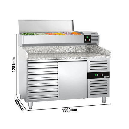 GGM Gastro Commercial Pizza Prep Counter - Granite Top PREMIUM - 1500x800mm - with 1 doors & 7 drawers - incl. refrigerated topping unit - 7x GN 1/4