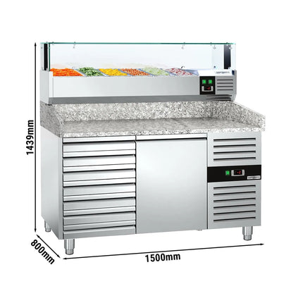 GGM Gastro Commercial Pizza Prep Counter - Granite Top PREMIUM - 1500x800mm - with 1 doors & 7 drawers - incl. refrigerated topping unit with glass sneeze guard LED - 5x GN 1/3 + 1x GN 1/2
