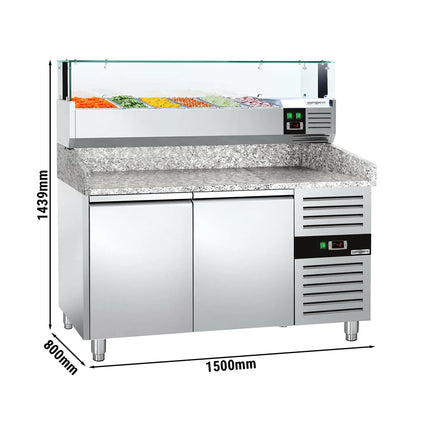GGM Gastro Commercial Pizza Prep Counter - Granite Top PREMIUM - 1500x800mm - with 2 doors - incl. refrigerated topping unit with glass sneeze guard LED - 5x GN 1/3 + 1x GN 1/2