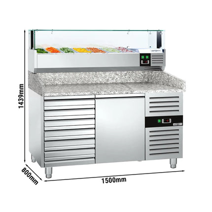 GGM Gastro Commercial Pizza Prep Counter - Granite Top PREMIUM - 1500x800mm - with 1 doors & 7 drawers - incl. refrigerated topping unit with glass sneeze guard LED - 7x GN 1/4