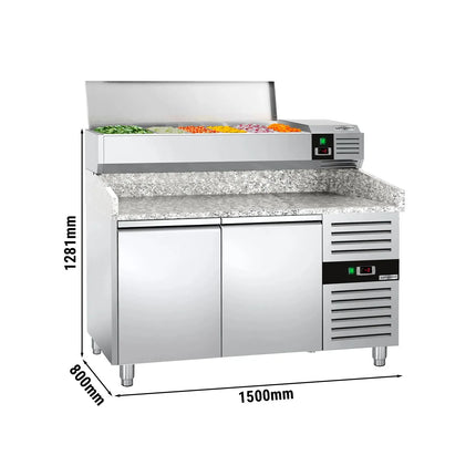 GGM Gastro Commercial Pizza Prep Counter - Granite Top PREMIUM - 1500x800mm - with 2 doors - incl. refrigerated topping unit - 7x GN 1/4