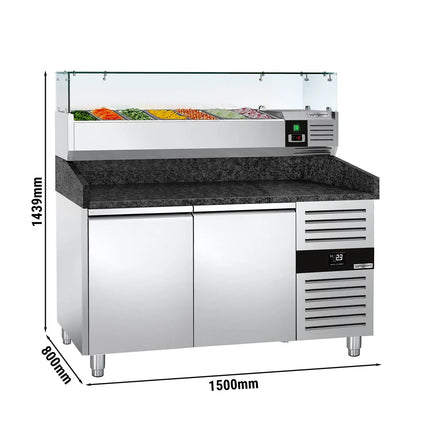 GGM Gastro Commercial Pizza Prep Counter - Granite Top PREMIUM - 1500x800mm - with 2 doors - incl. refrigerated topping unit with glass sneeze guard - 6x GN 1/3