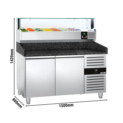 GGM Gastro Commercial Pizza Prep Counter - Granite Top PREMIUM - 1500x800mm - with 2 doors - incl. refrigerated topping unit with glass sneeze guard LED - 7x GN 1/4