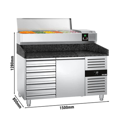 GGM Gastro Commercial Pizza Prep Counter - Granite Top PREMIUM - 1500x800mm - with 1 doors & 7 drawers - incl. refrigerated topping unit - 6x GN 1/3