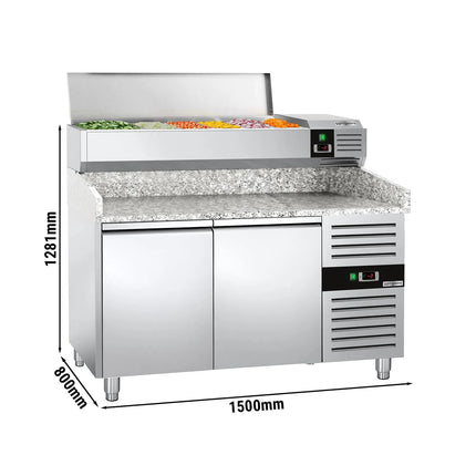GGM Gastro Commercial Pizza Prep Counter - Granite Top PREMIUM - 1500x800mm - with 2 doors - incl. refrigerated topping unit - 6x GN 1/3