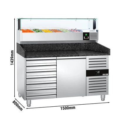 GGM Gastro Commercial Pizza Prep Counter - Granite Top PREMIUM - 1500x800mm - with 1 doors & 7 drawers - incl. refrigerated topping unit with glass sneeze guard LED - 6x GN 1/3