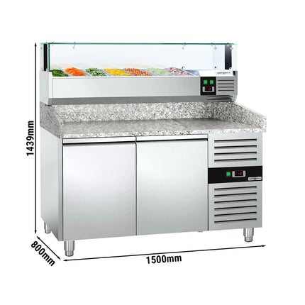 GGM Gastro Commercial Pizza Prep Counter - Granite Top PREMIUM - 1500x800mm - with 2 doors - incl. refrigerated topping unit with glass sneeze guard LED - 7x GN 1/4