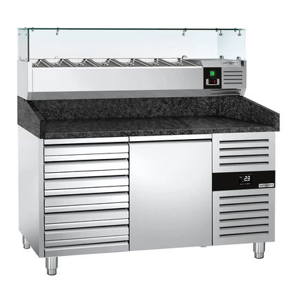 GGM Gastro Commercial Pizza Prep Counter - Granite Top PREMIUM - 1500x800mm - with 1 doors & 7 drawers - incl. refrigerated topping unit with glass sneeze guard - 6x GN 1/3
