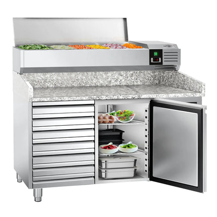 GGM Gastro Commercial Pizza Prep Counter - Granite Top PREMIUM - 1500x800mm - with 1 doors & 7 drawers - incl. refrigerated topping unit - 7x GN 1/4