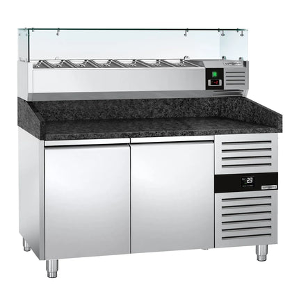 GGM Gastro Commercial Pizza Prep Counter - Granite Top PREMIUM - 1500x800mm - with 2 doors - incl. refrigerated topping unit with glass sneeze guard - 7x GN 1/4