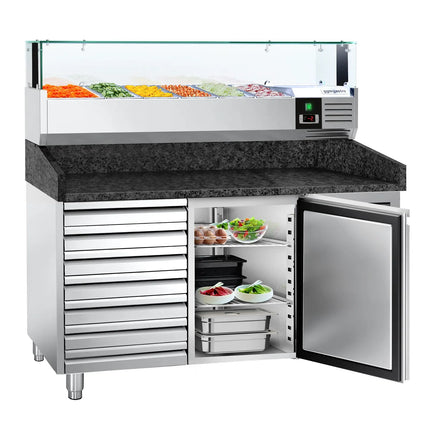 GGM Gastro Commercial Pizza Prep Counter - Granite Top PREMIUM - 1500x800mm - with 1 doors & 7 drawers - incl. refrigerated topping unit with glass sneeze guard LED - 6x GN 1/3