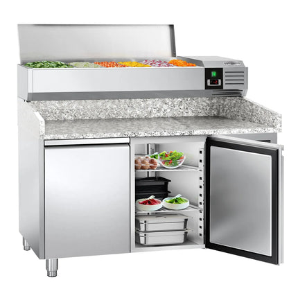 GGM Gastro Commercial Pizza Prep Counter - Granite Top PREMIUM - 1500x800mm - with 2 doors - incl. refrigerated topping unit - 7x GN 1/4