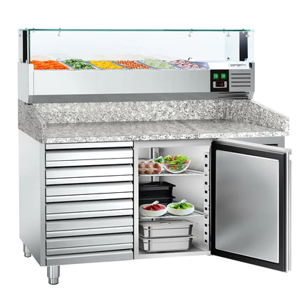 GGM Gastro Commercial Pizza Prep Counter - Granite Top PREMIUM - 1500x800mm - with 1 doors & 7 drawers - incl. refrigerated topping unit with glass sneeze guard LED - 5x GN 1/3 + 1x GN 1/2