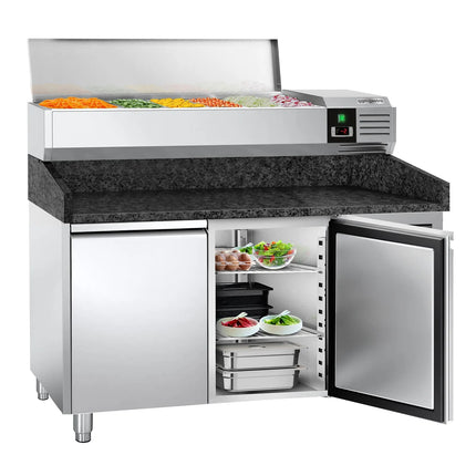 GGM Gastro Commercial Pizza Prep Counter - Granite Top PREMIUM - 1500x800mm - with 2 doors - incl. refrigerated topping unit - 6x GN 1/3