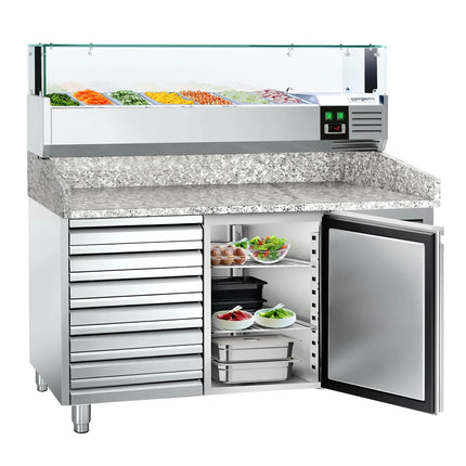 GGM Gastro Commercial Pizza Prep Counter - Granite Top PREMIUM - 1500x800mm - with 1 doors & 7 drawers - incl. refrigerated topping unit with glass sneeze guard LED - 7x GN 1/4