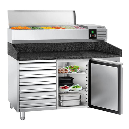 GGM Gastro Commercial Pizza Prep Counter - Granite Top PREMIUM - 1500x800mm - with 1 doors & 7 drawers - incl. refrigerated topping unit - 6x GN 1/3