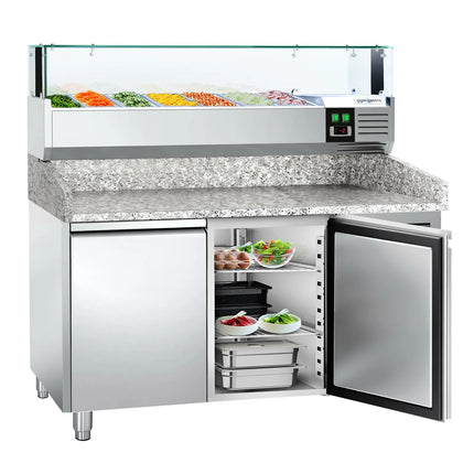 GGM Gastro Commercial Pizza Prep Counter - Granite Top PREMIUM - 1500x800mm - with 2 doors - incl. refrigerated topping unit with glass sneeze guard LED - 7x GN 1/4