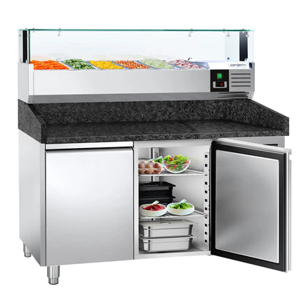 GGM Gastro Commercial Pizza Prep Counter - Granite Top PREMIUM - 1500x800mm - with 2 doors - incl. refrigerated topping unit with glass sneeze guard LED - 6x GN 1/3