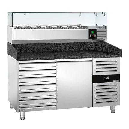 GGM Gastro Commercial Pizza Prep Counter - Granite Top PREMIUM - 1500x800mm - with 1 doors & 7 drawers - incl. refrigerated topping unit with glass sneeze guard - 7x GN 1/4