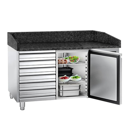 GGM Gastro Commercial Pizza Prep Counter - Granite Top PREMIUM - 1500x800mm - with 1 doors & 7 drawers