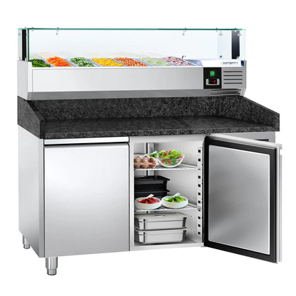 GGM Gastro Commercial Pizza Prep Counter - Granite Top PREMIUM - 1500x800mm - with 2 doors - incl. refrigerated topping unit with glass sneeze guard LED - 7x GN 1/4