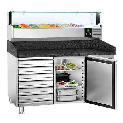 GGM Gastro Commercial Pizza Prep Counter - Granite Top PREMIUM - 1500x800mm - with 1 doors & 7 drawers - incl. refrigerated topping unit with glass sneeze guard LED - 7x GN 1/4