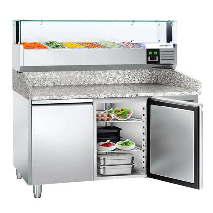 GGM Gastro Commercial Pizza Prep Counter - Granite Top PREMIUM - 1500x800mm - with 2 doors - incl. refrigerated topping unit with glass sneeze guard LED - 5x GN 1/3 + 1x GN 1/2