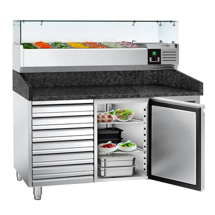 GGM Gastro Commercial Pizza Prep Counter - Granite Top PREMIUM - 1500x800mm - with 1 doors & 7 drawers - incl. refrigerated topping unit with glass sneeze guard - 6x GN 1/3