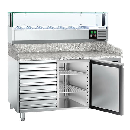 GGM Gastro Commercial Pizza Prep Counter - Granite Top PREMIUM - 1500x800mm - with 1 doors & 7 drawers - incl. refrigerated topping unit with glass sneeze guard LED - 7x GN 1/4