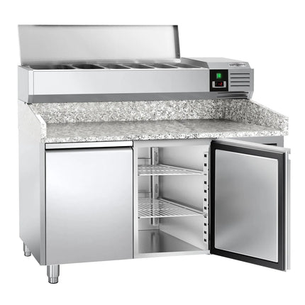 GGM Gastro Commercial Pizza Prep Counter - Granite Top PREMIUM - 1500x800mm - with 2 doors - incl. refrigerated topping unit - 6x GN 1/3