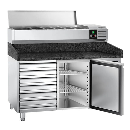 GGM Gastro Commercial Pizza Prep Counter - Granite Top PREMIUM - 1500x800mm - with 1 doors & 7 drawers - incl. refrigerated topping unit - 6x GN 1/3