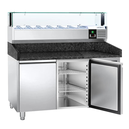 GGM Gastro Commercial Pizza Prep Counter - Granite Top PREMIUM - 1500x800mm - with 2 doors - incl. refrigerated topping unit with glass sneeze guard LED - 7x GN 1/4