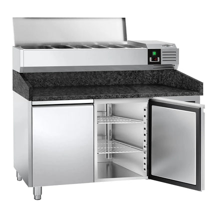 GGM Gastro Commercial Pizza Prep Counter - Granite Top PREMIUM - 1500x800mm - with 2 doors - incl. refrigerated topping unit - 7x GN 1/4