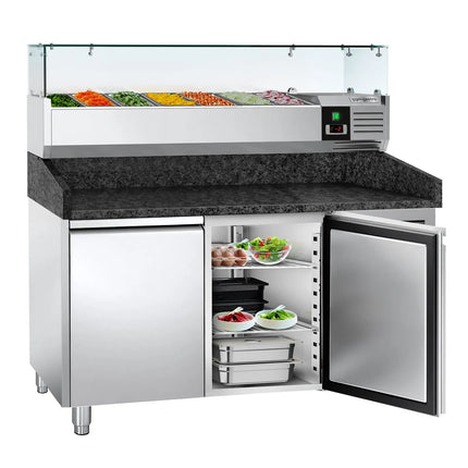 GGM Gastro Commercial Pizza Prep Counter - Granite Top PREMIUM - 1500x800mm - with 2 doors - incl. refrigerated topping unit with glass sneeze guard - 6x GN 1/3