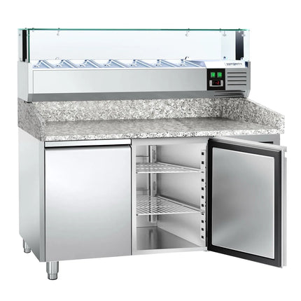 GGM Gastro Commercial Pizza Prep Counter - Granite Top PREMIUM - 1500x800mm - with 2 doors - incl. refrigerated topping unit with glass sneeze guard LED - 7x GN 1/4