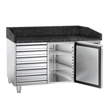 GGM Gastro Commercial Pizza Prep Counter - Granite Top PREMIUM - 1500x800mm - with 1 doors & 7 drawers